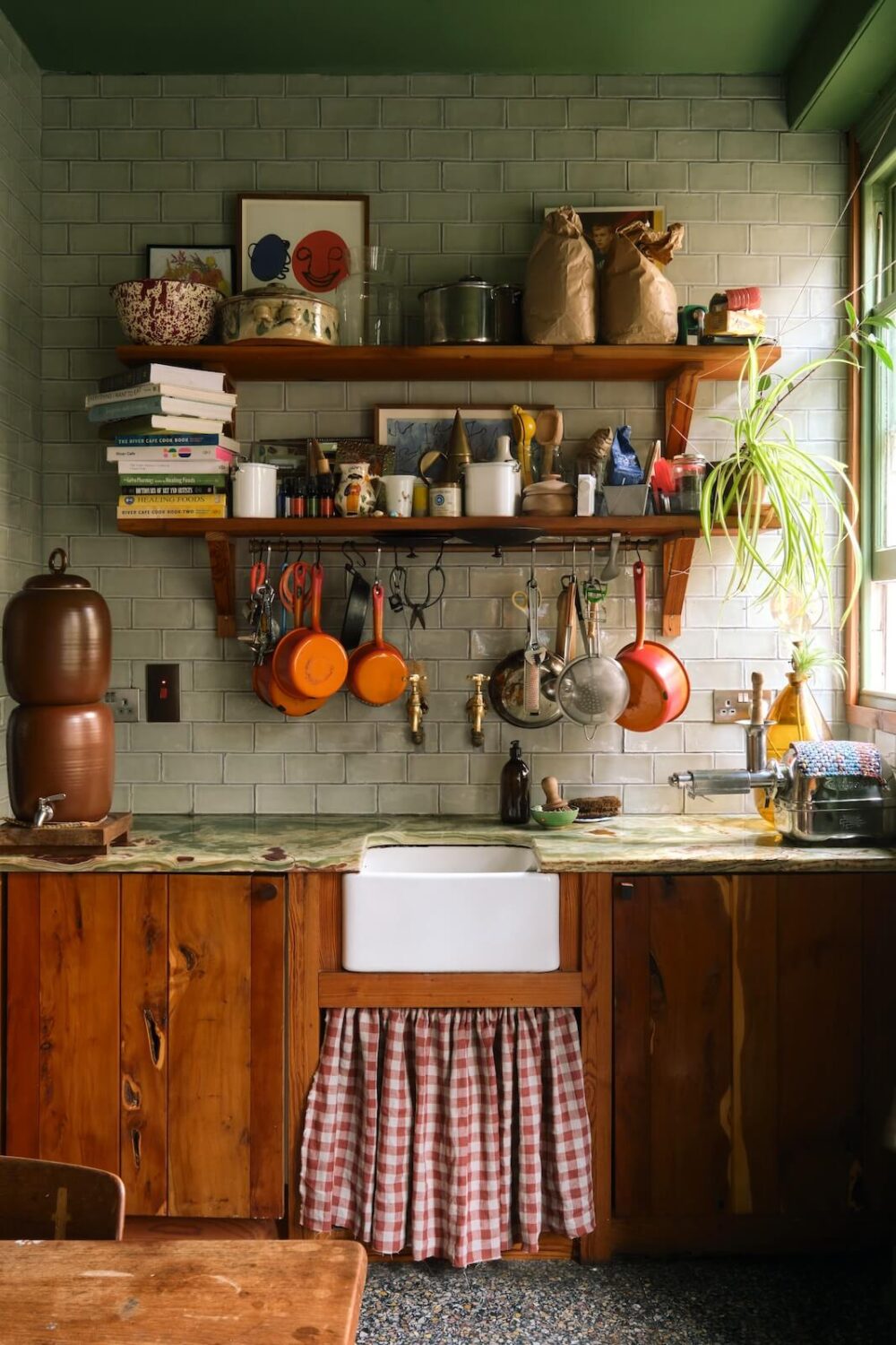 Bold Colors and Historic Details in a Victorian Apartment 8 cozy-kitchen-shelves-pale-green-tiles-butler-sink-nordroom