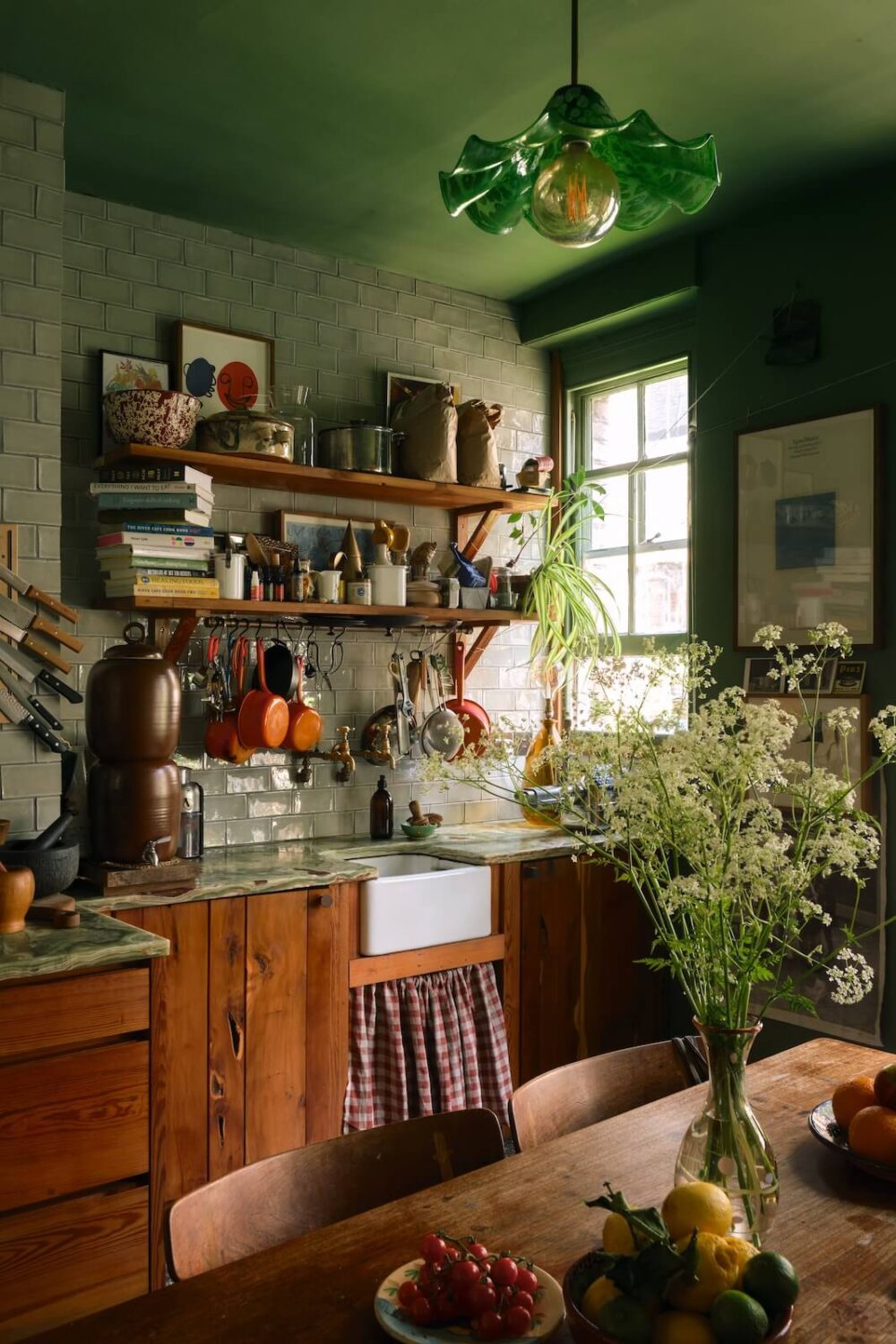27 Statement Ceiling Ideas That Will Spruce Up Any Room 6 cozy-kitchen-wooden-cabinets-green-ceiling-pale-green-tiles-open-shelves-nordroom