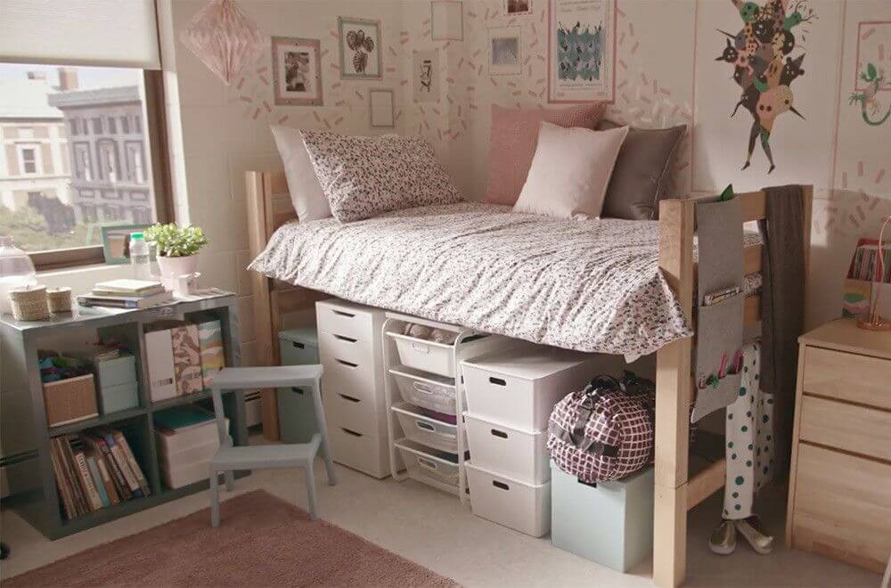 Beautiful Dorm Room Decorating Ideas 37 high bed storage dorm room inspiration Beautiful Dorm Room Decorating Ideas