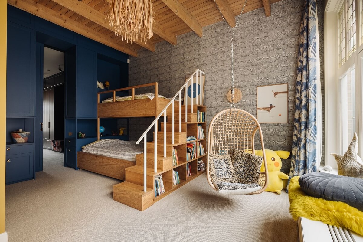 Best of 2023: Kids Rooms 15 kids-room-bunk-beds-hanging-chair-wooden-ceiling-nordroom