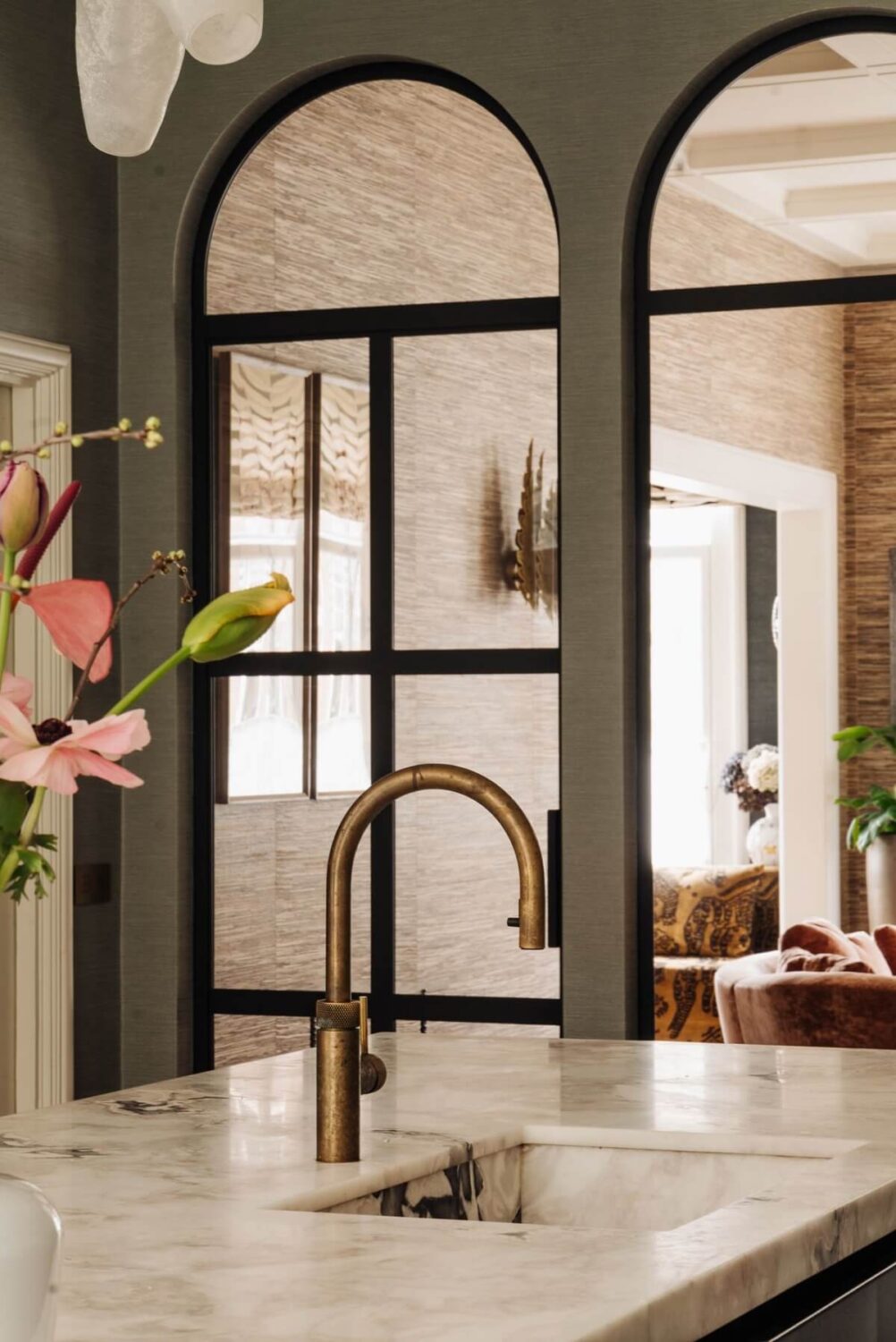 A Grand Renovated Family Home in Amsterdam 3 kitchen-detail-marble-island-arched-steel-framed-inner-windows-nordroom