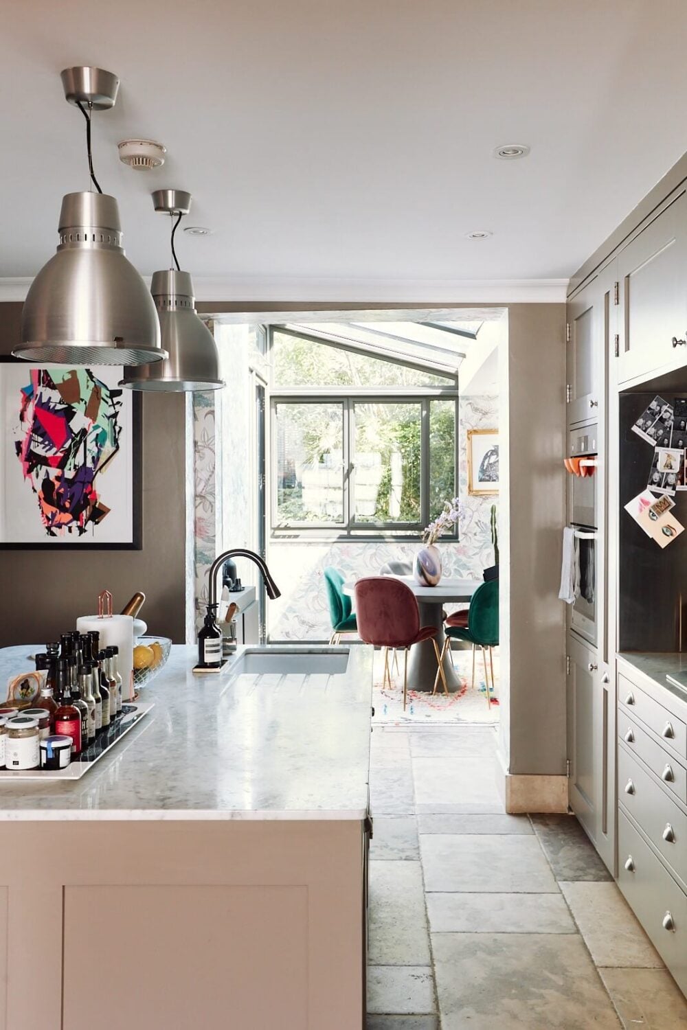 A Pink Living Room in a London Maisonette 10 kitchen-with-orangery-gray-cabinets-stone-floor-nordroom