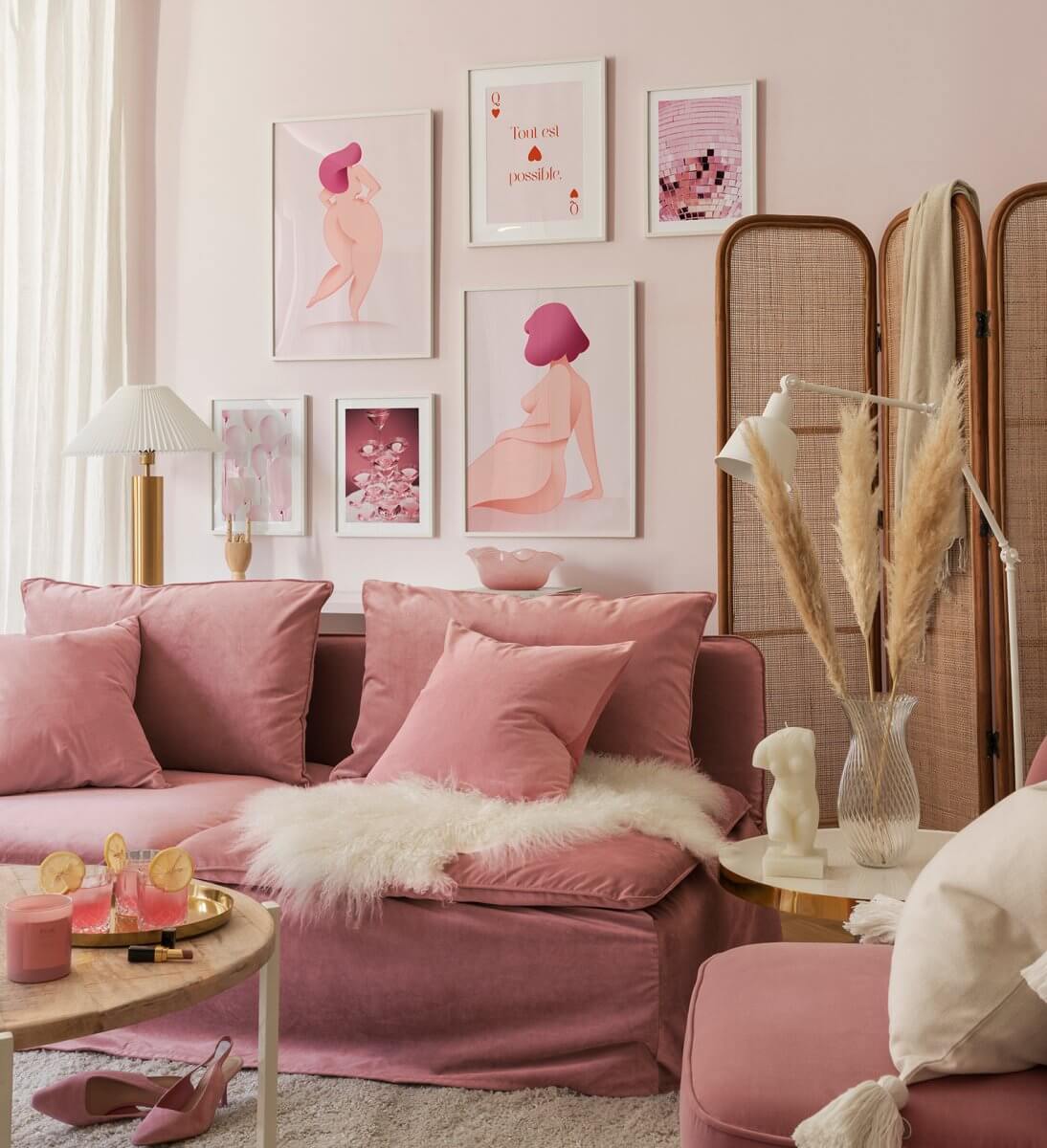 Barbiecore Interiors: The New Colorful & Fun Design Trend 14 living-room-soft-pink-sofa-artwork-nordroom