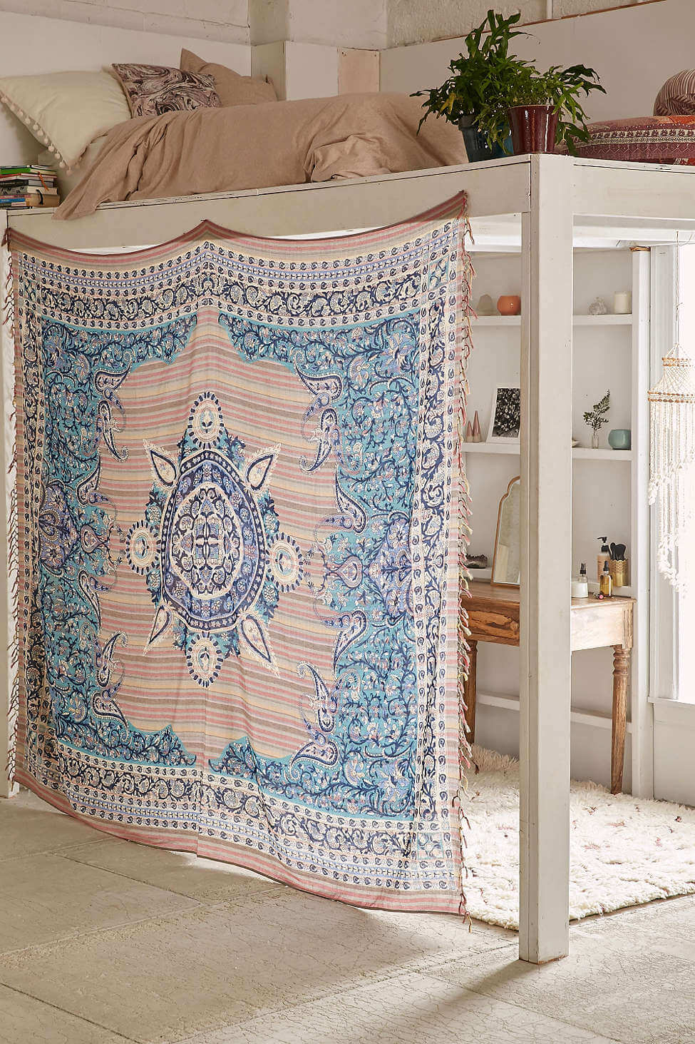 Beautiful Dorm Room Decorating Ideas 13 loft-bed-tapestry-room-divider-dorm-room-ideas-nordroom