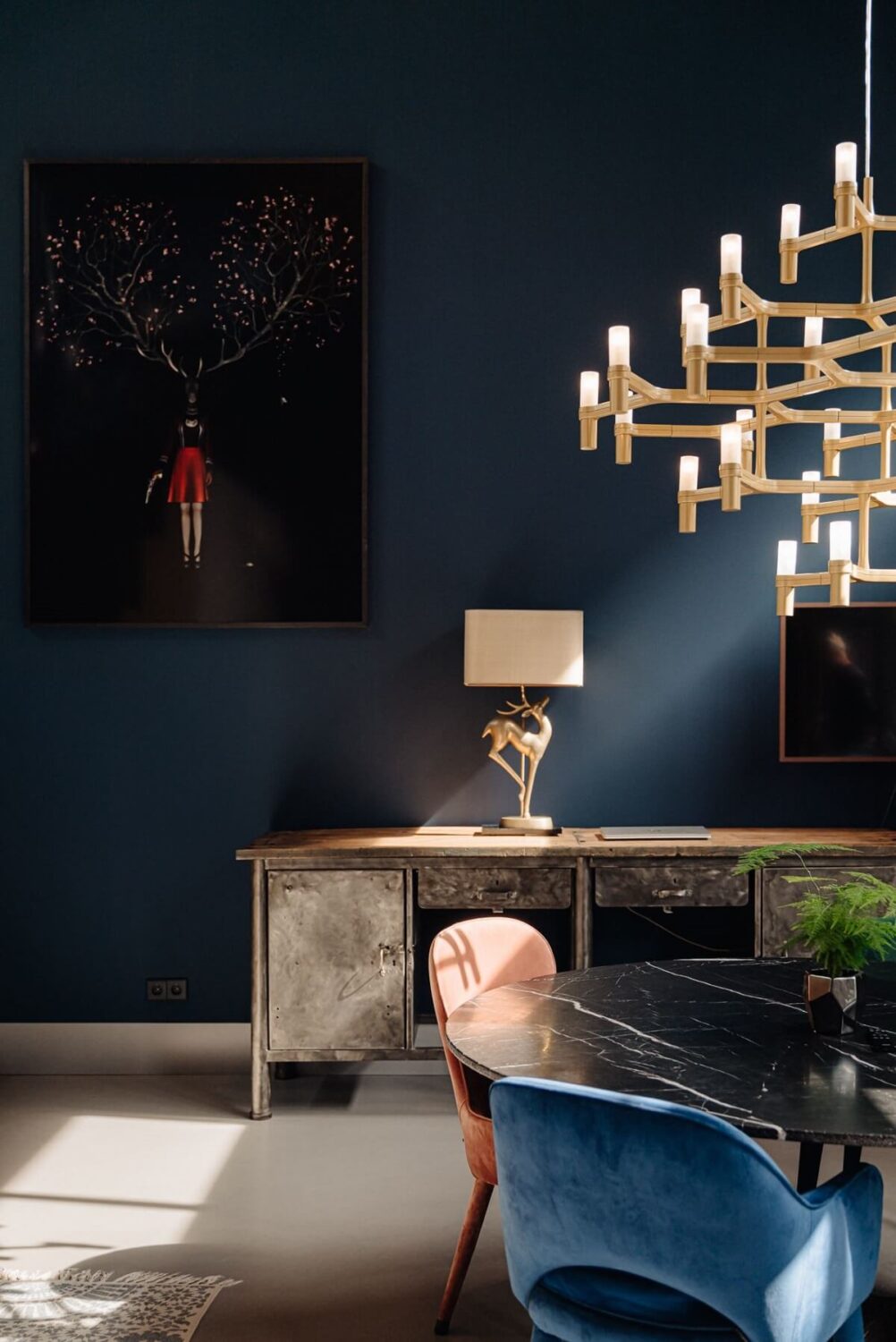 An Industrial Loft Home in Amsterdam 12 navy-blue-wall-paint-dining-room-amsterdam-loft-nordroom