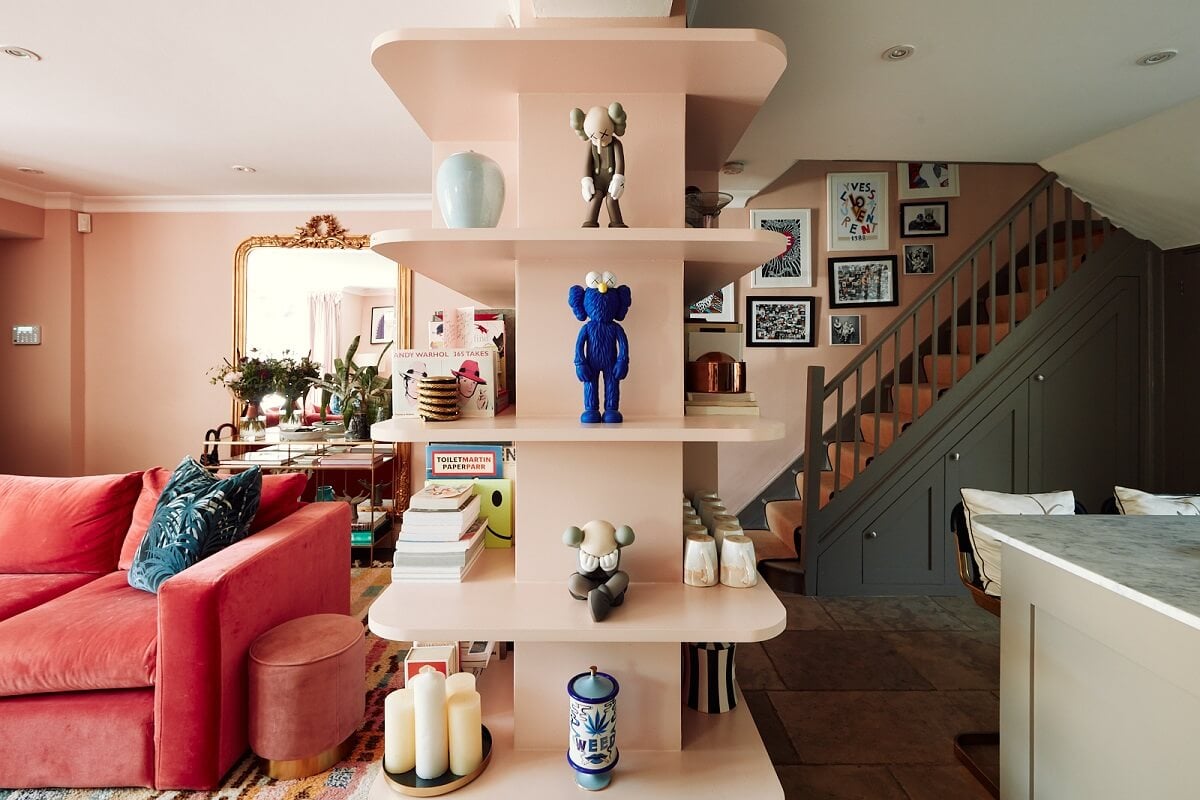 A Pink Living Room in a London Maisonette 7 open-plan-living-room-kitchen-bookshelves-divider-nordroom