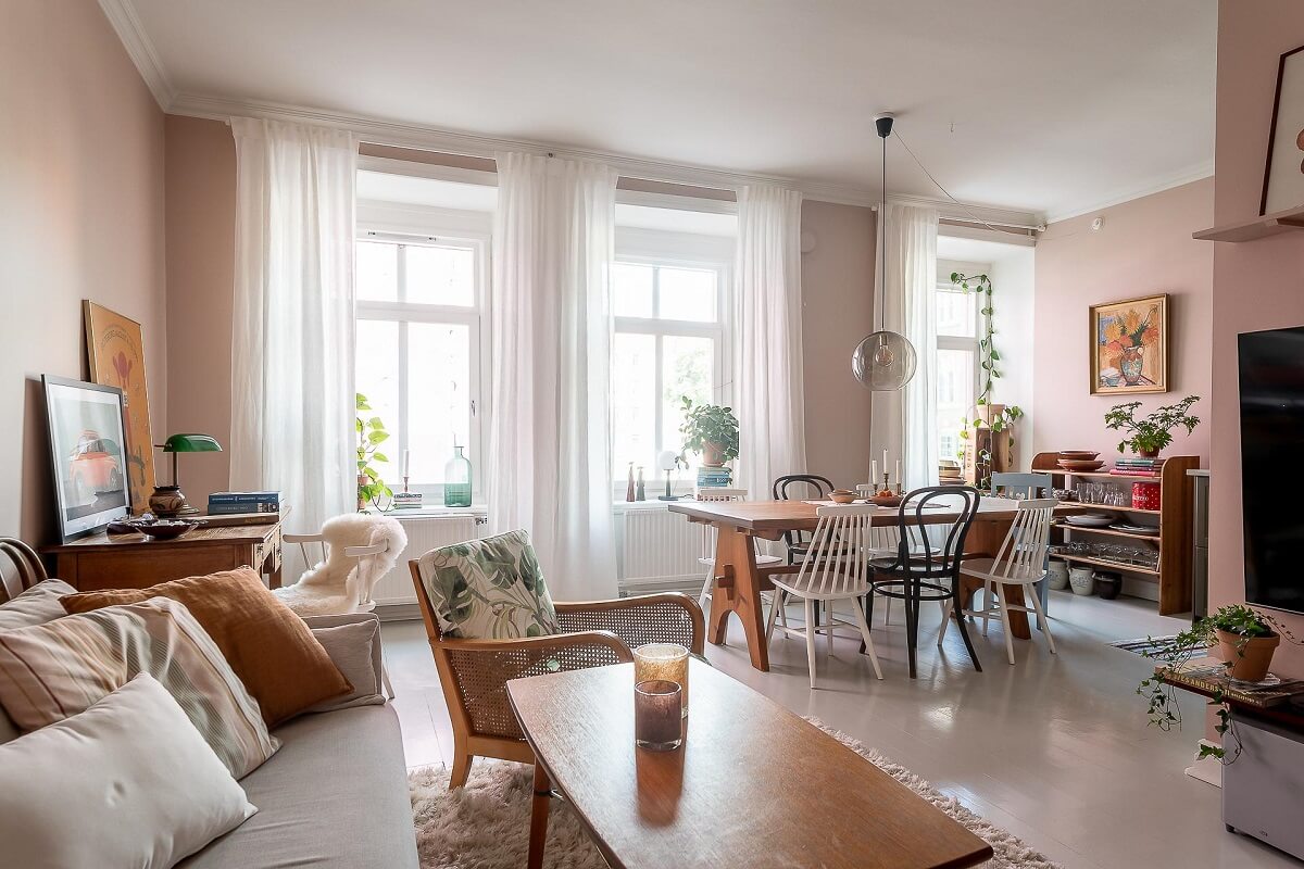 A Bright Swedish Apartment with William Morris Wallpaper 5 open-plan-living-room-white-floor-pink-walls-nordroom