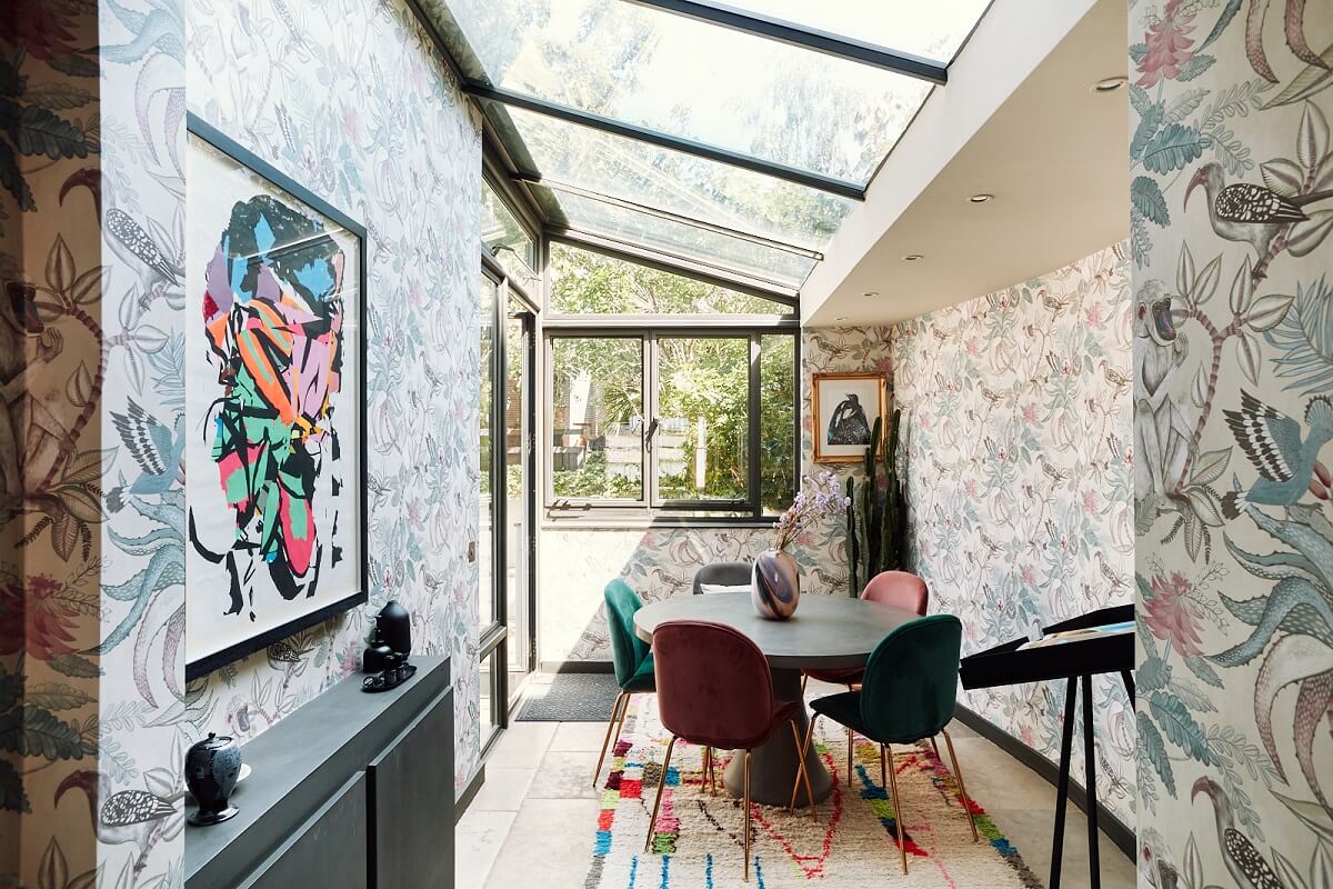 A Pink Living Room in a London Maisonette 12 orangery-dining-room-savuti-wallpaper-cole-and-son-nordroom