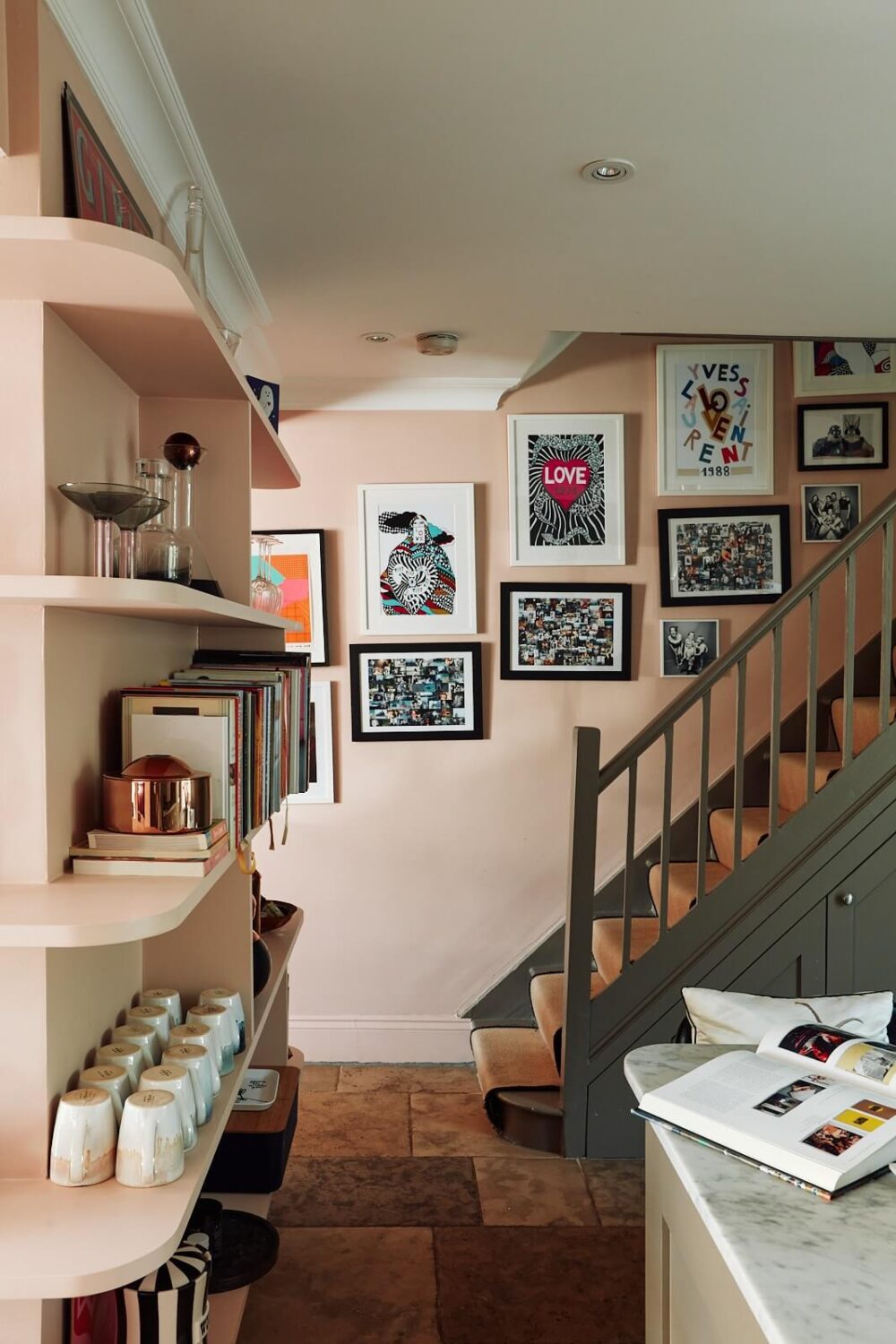 A Pink Living Room in a London Maisonette 8 pink-bookshelves-gray-staircase-gallery-wall-nordroom