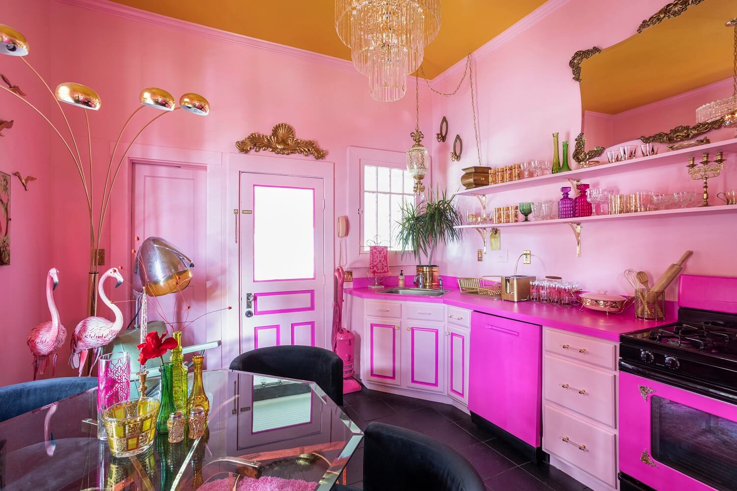 Barbiecore Interiors: The New Colorful & Fun Design Trend 9 pink-kitchen-mustard-yellow-ceiling-barbiecore-interiors-nordroom