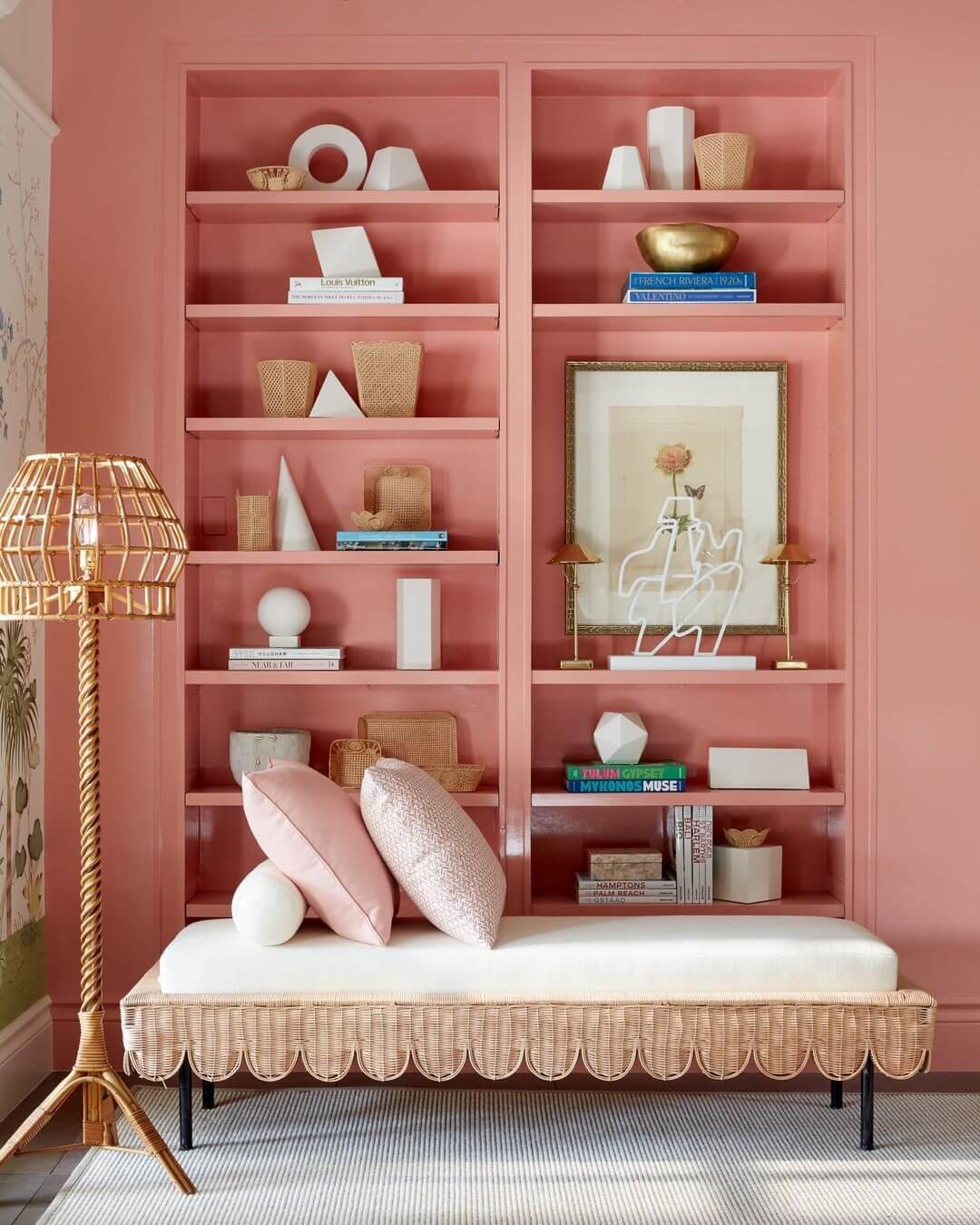 Barbiecore Interiors: The New Colorful & Fun Design Trend 20 pink-liivng-room-built-in-shelves-daybed-nordroom