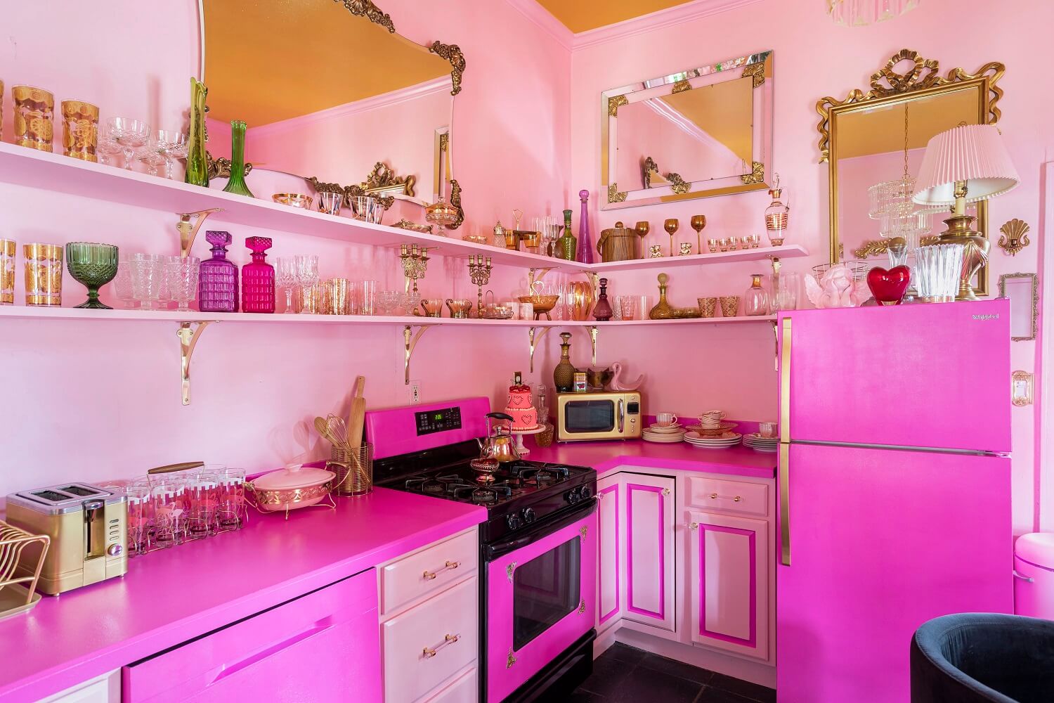 Barbiecore Interiors: The New Colorful & Fun Design Trend 10 pink-painted-kitchen-cabinets-shelves-nordroom