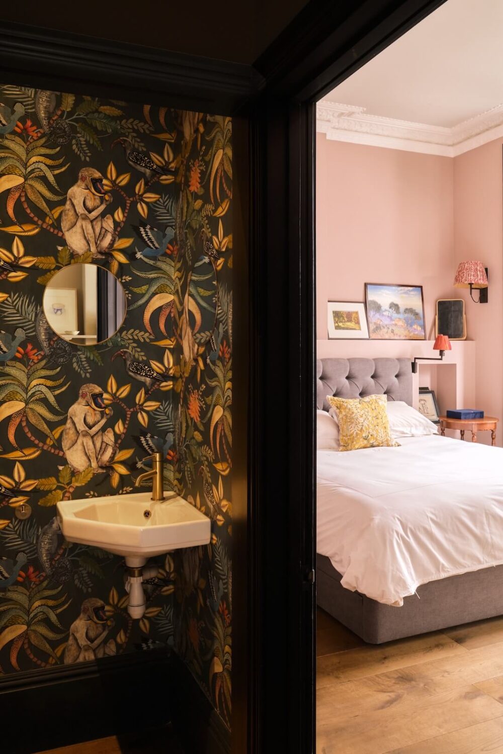 Bold Colors and Light Rooms in a Historic Apartment 11 powder-room-cole-and-son-wallpaper-pink-bedroom-nordroom