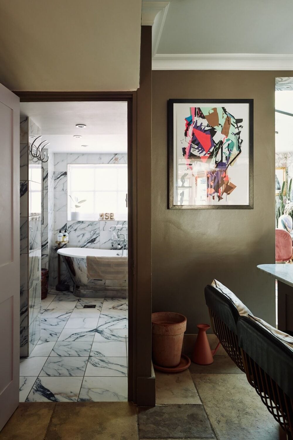 A Pink Living Room in a London Maisonette 15 rustic-wooden-floor-marble-bathroom-nordroom