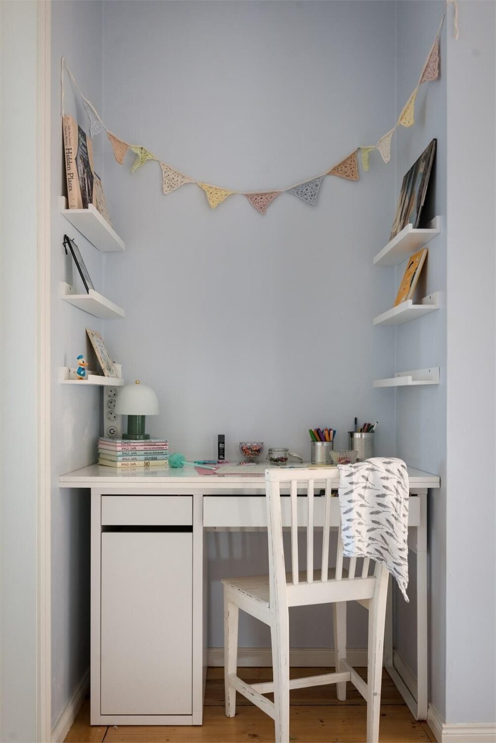 Natural Light in a Family Home in Sweden 19 tiny-home-office-ikea-desk-shelves-nordroom