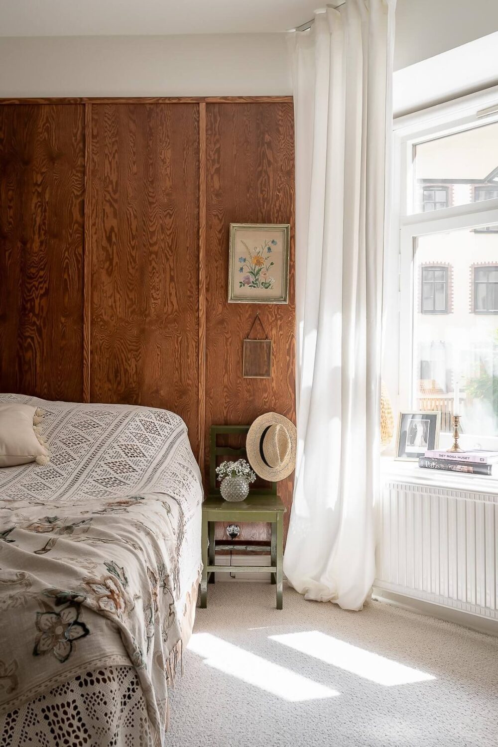 A Bright Swedish Apartment with William Morris Wallpaper 15 wood-accent-wall-headboard-bedroom-nordroom