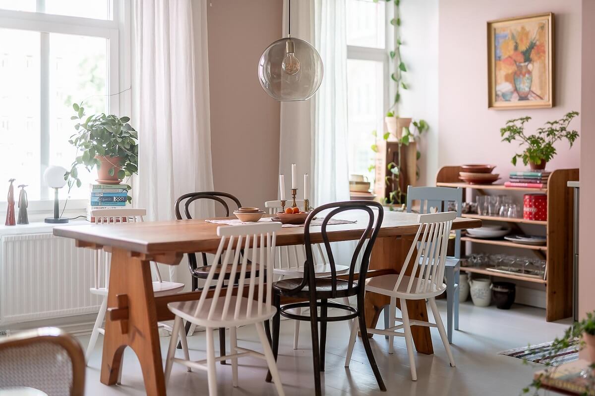 A Bright Swedish Apartment with William Morris Wallpaper 7 wooden-dining-table-shaker-style-chairs-nordroom