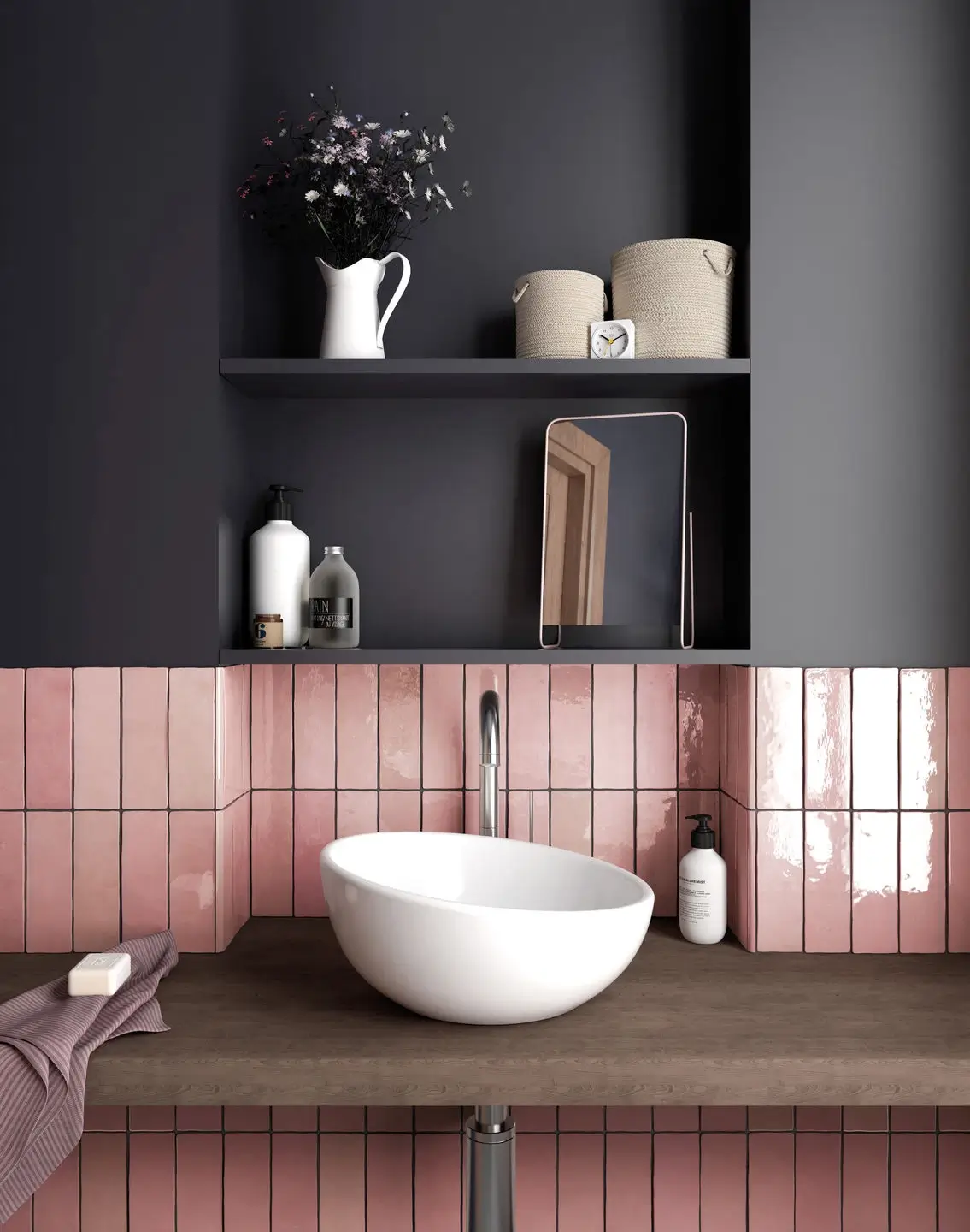 89 Pink Bathroom Ideas: From Hot Pink Walls to Blush Tiles 29 bathroom-dark-gray-walls-pink-tiles-nordroom
