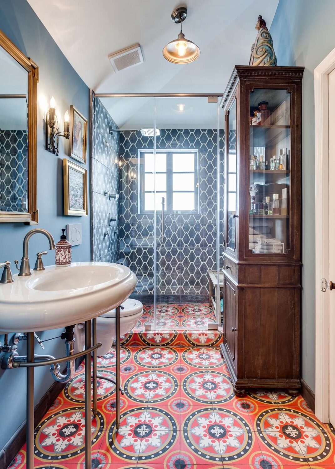 Best of 2023: Bathrooms 5 bathroom-orange-moroccon-floor-tiles-blue-walls-shower-nordroom