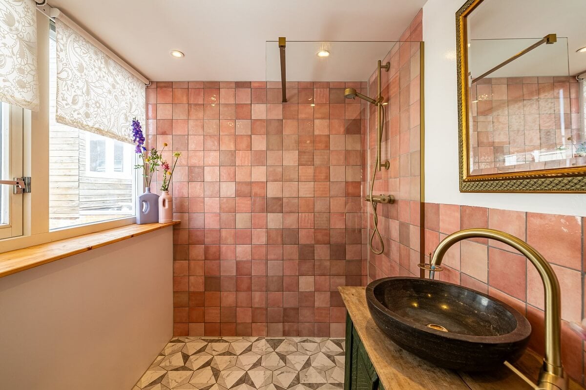 Inspiring Bathrooms With Geometric Tiles 9 bathroom-walk-in-shower-pink-tiles-nordroom