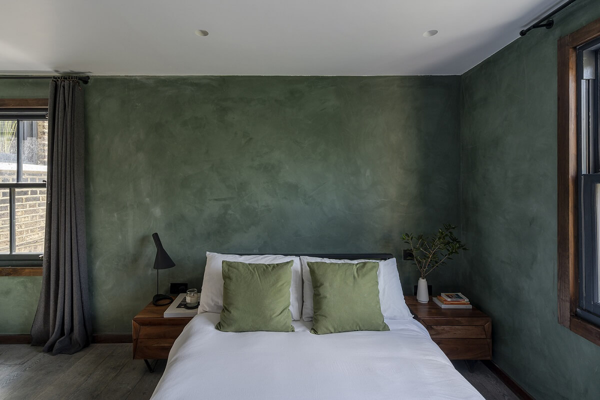 A Victorian House with Stylish Contemporary Interiors 8 bedroom-green-textured-plaster-finish-nordroom