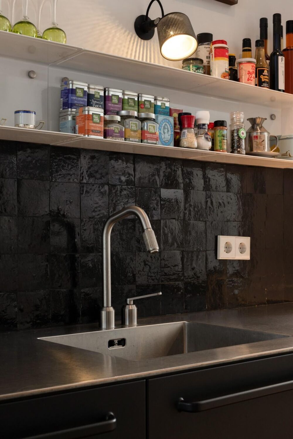 A Family Home in a Historic Canal House 4 black-tiles-kitchen-open-shelves-nordroom