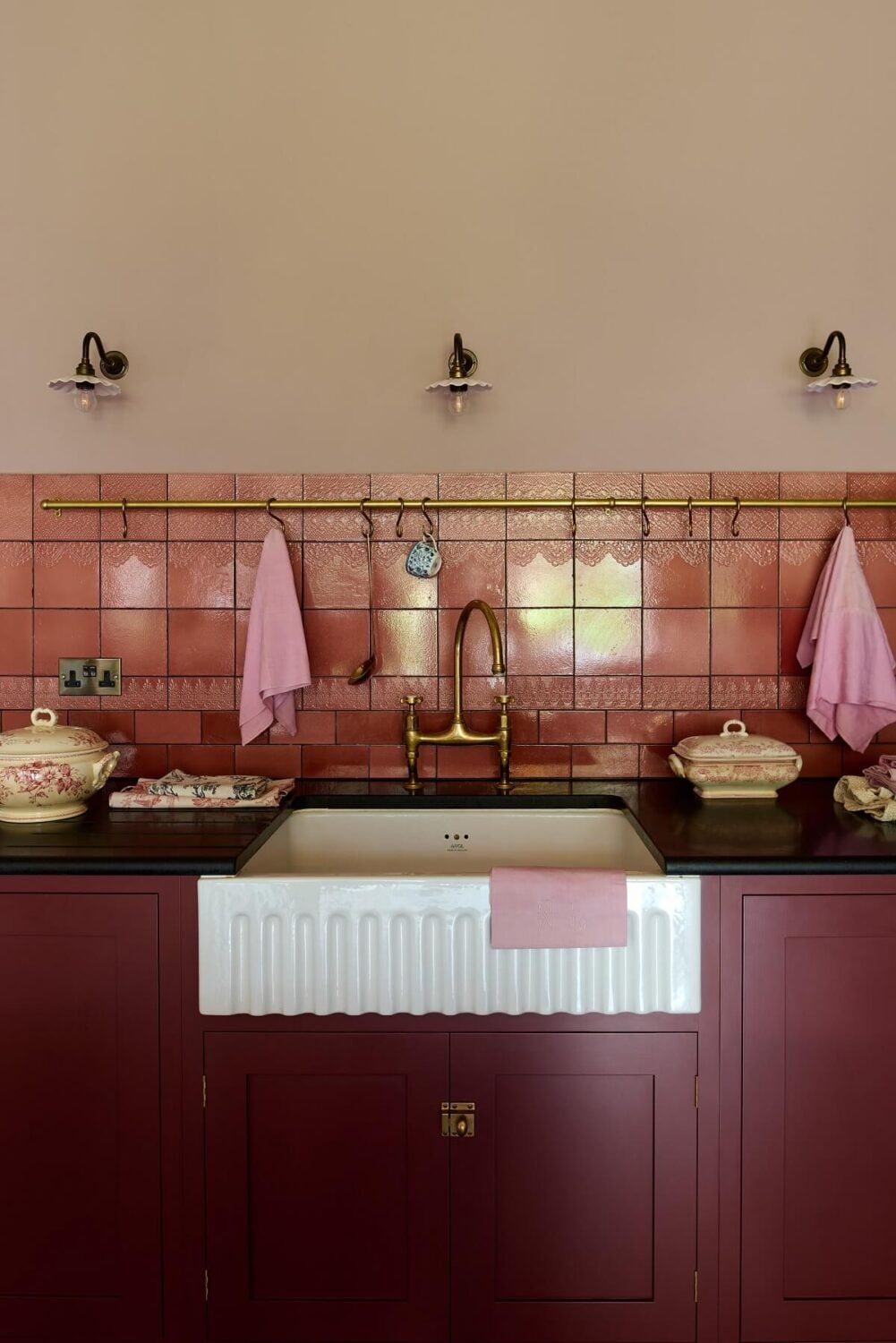 An English Country House Kitchen with Pink Tiles 11 butler-sink-rose-lace-market-tiles-devol-kitchen-nordroom