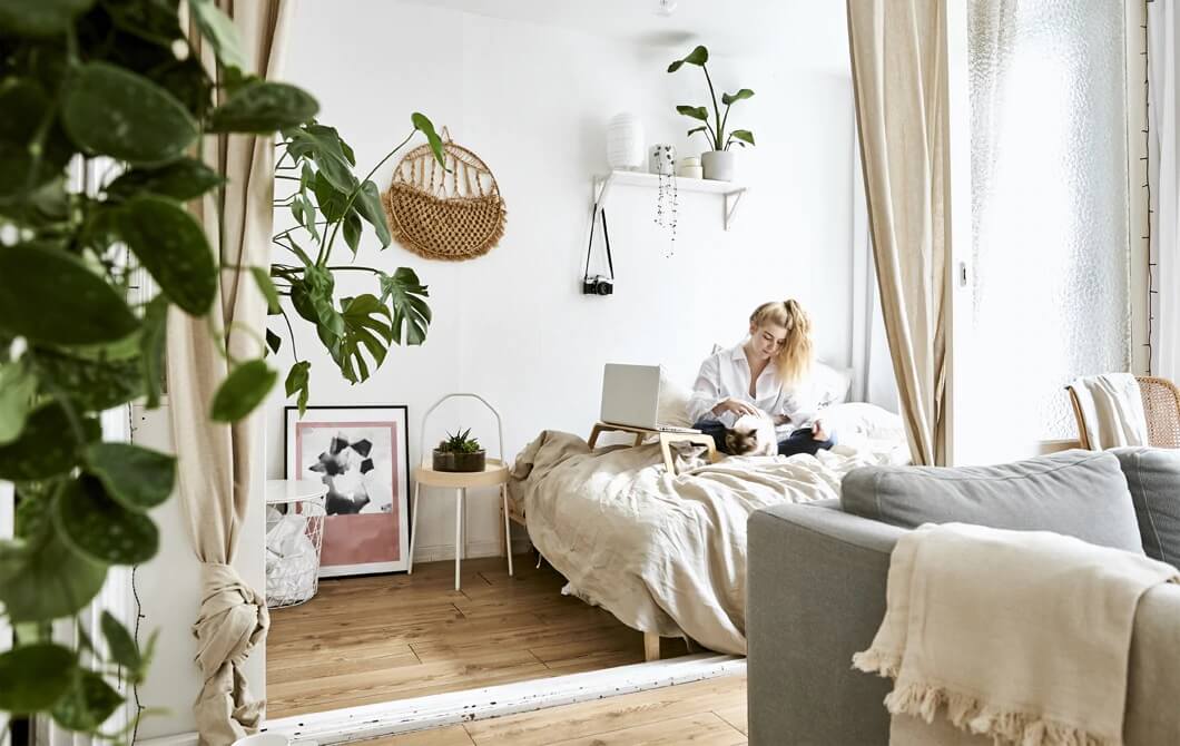 53 Studio Apartments with a Curtain Room Divider 62 calm-colored-ikea-studio-apartment-curtain-room-divider-nordroom