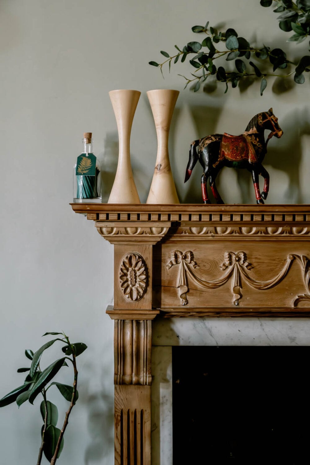 A Warm Living Room in a Historic English Home 5 carved-wooden-fireplace-nordroom