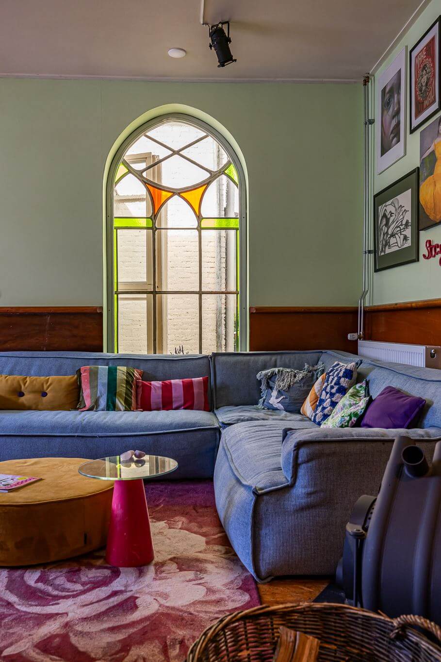 A Colorful Church Conversion in The Netherlands 4 colorful-living-room-stained-glass-window-nordroom