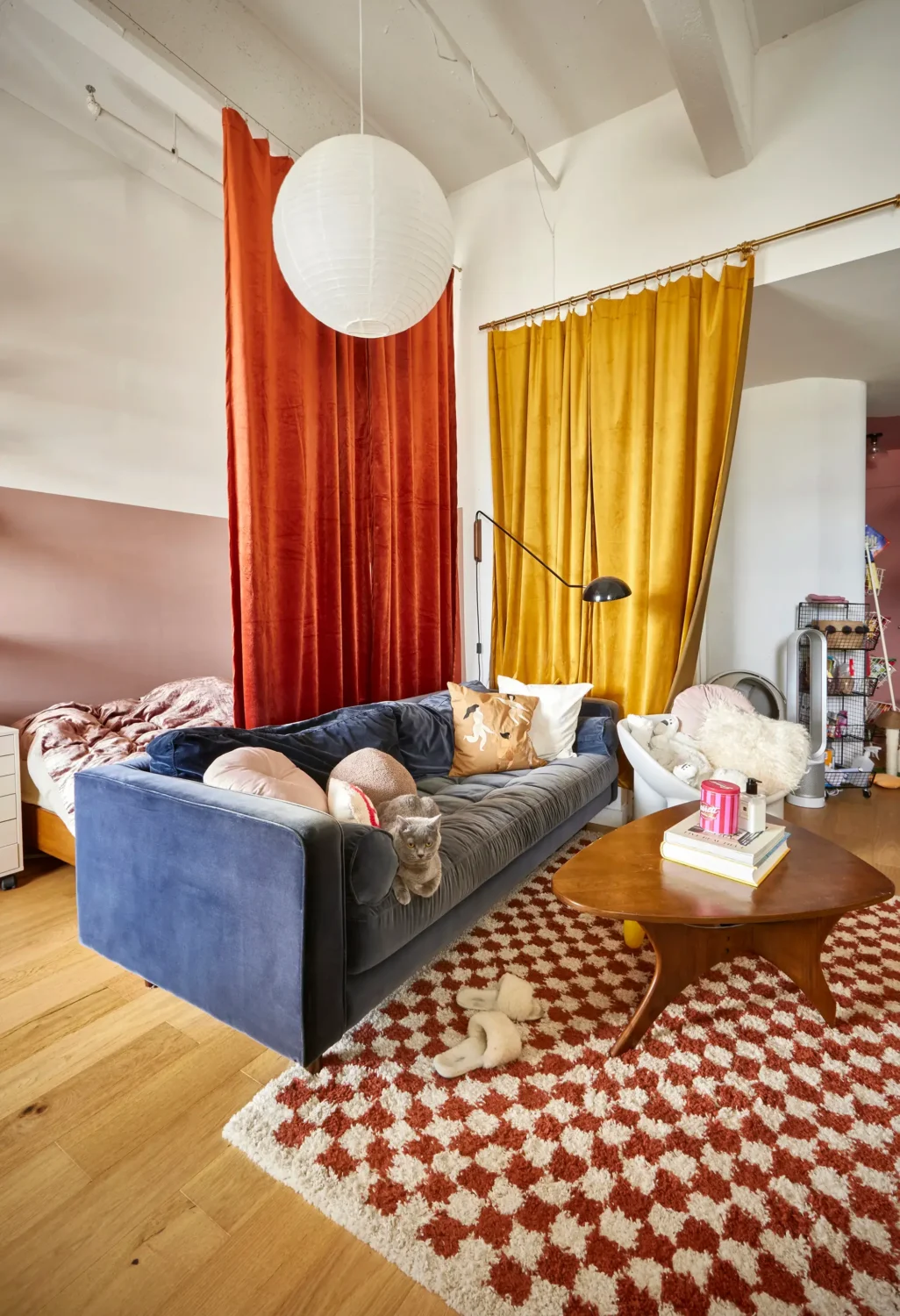 53 Studio Apartments with a Curtain Room Divider 18 colorful-studio-apartment-orange-yellow-curtains-nordroom