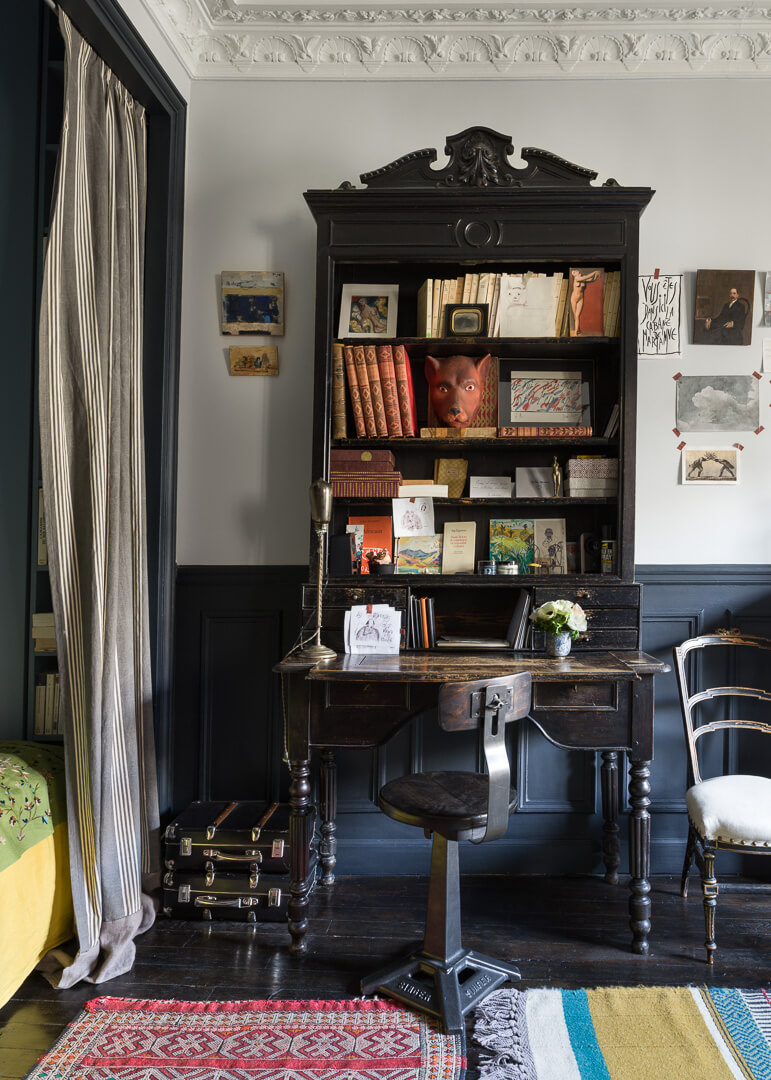 53 Studio Apartments with a Curtain Room Divider 9 curtain-divder-bed-nook-antique-desk-studio-paris-nordroom