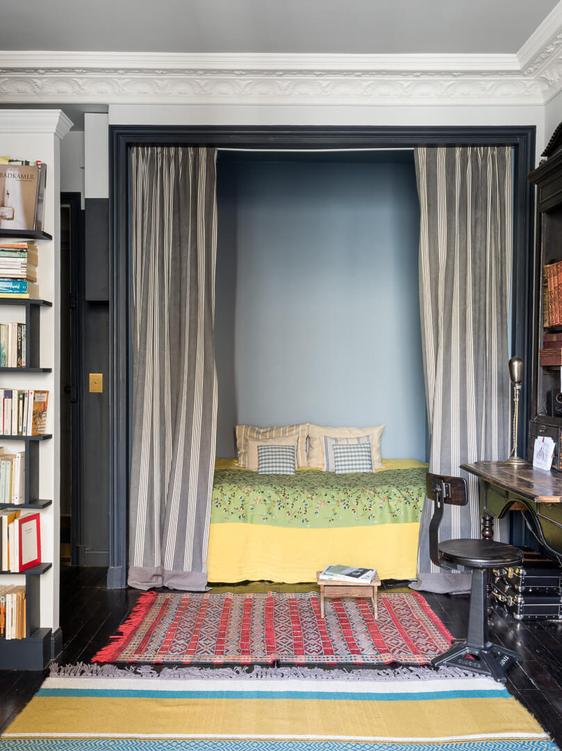 53 Studio Apartments with a Curtain Room Divider 8 dark-blue-bed-nook-curtain-room-divider-paris-studio-apartment-nordroom