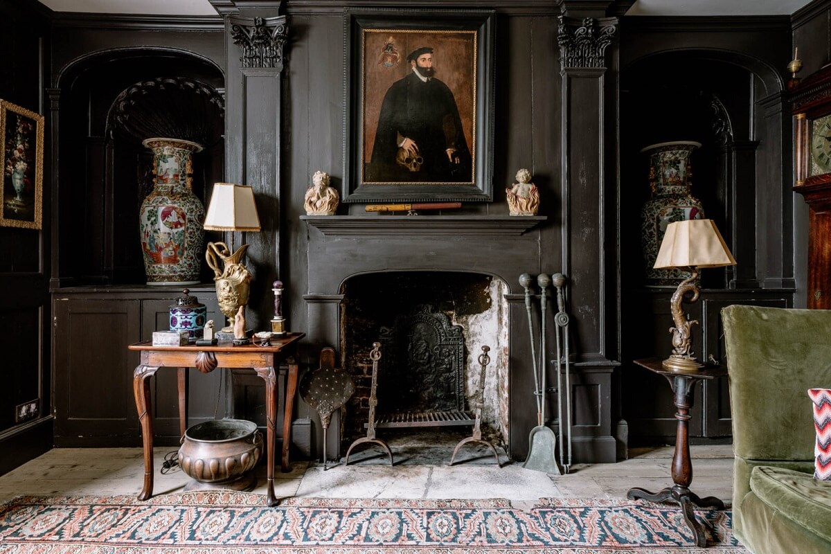 A Unique Historic House Near the English Coast 8 dark-gray-living-room-fireplace-antique-art-nordroom