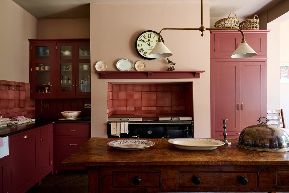 An English Country House Kitchen with Pink Tiles 8 devol-country-kitchen-vintage-island-refectory-red-cupbaords-nordroom