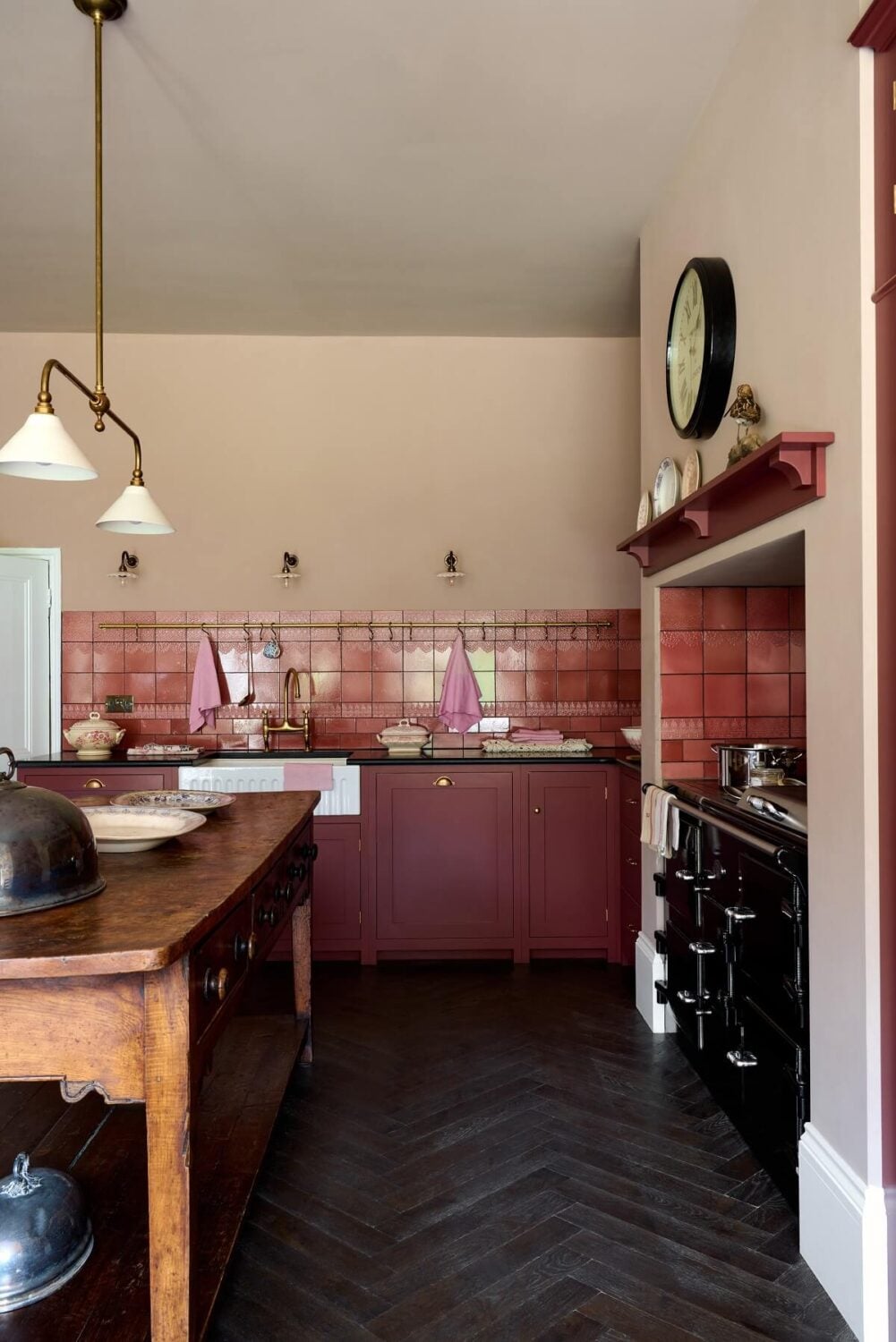 An English Country House Kitchen with Pink Tiles 12 devol-shaker-kitchen-cabinets-vintage-prep-table-pink-tiles-nordroom