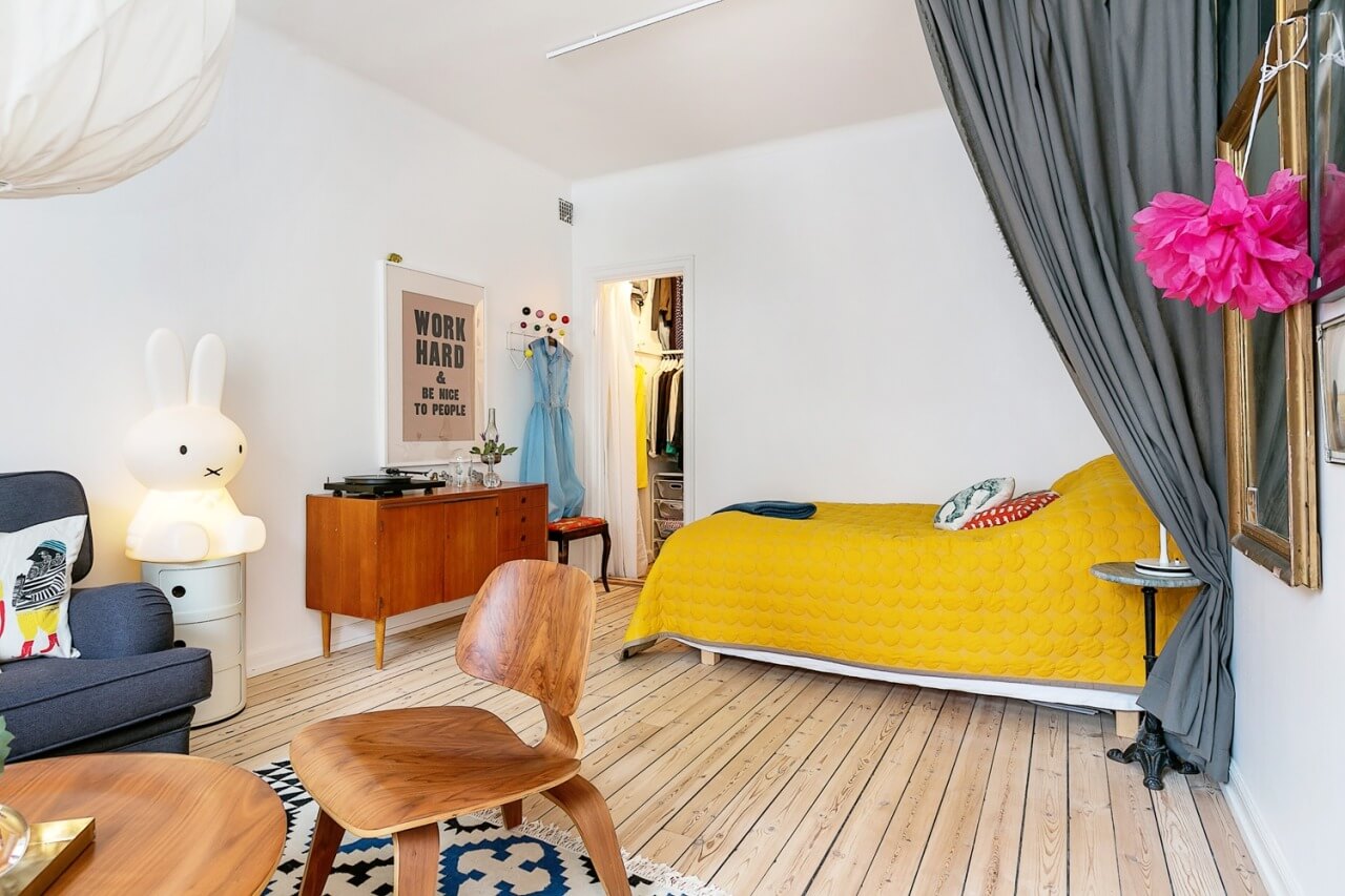 53 Studio Apartments with a Curtain Room Divider 47 gray-curtain-yellow-bedspread-nordroom