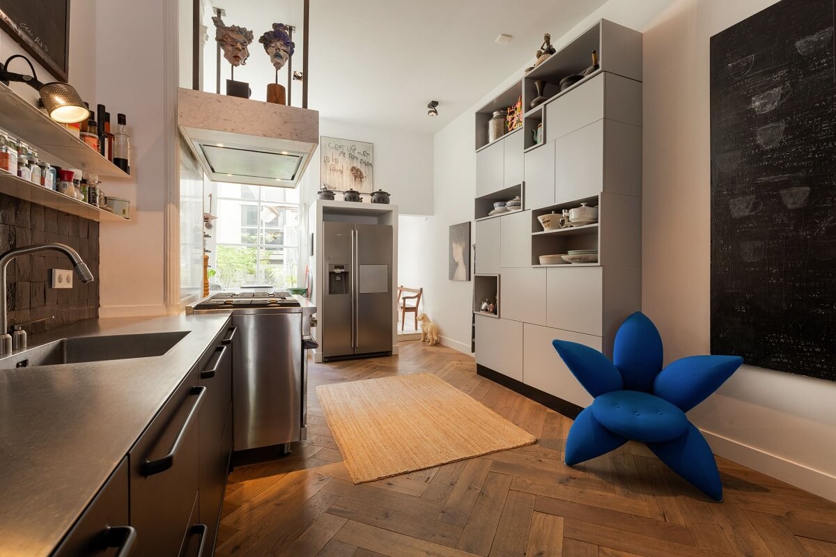 A Family Home in a Historic Canal House 7 gray-floor-to-ceiling-kitchen-cabinets-nordroom