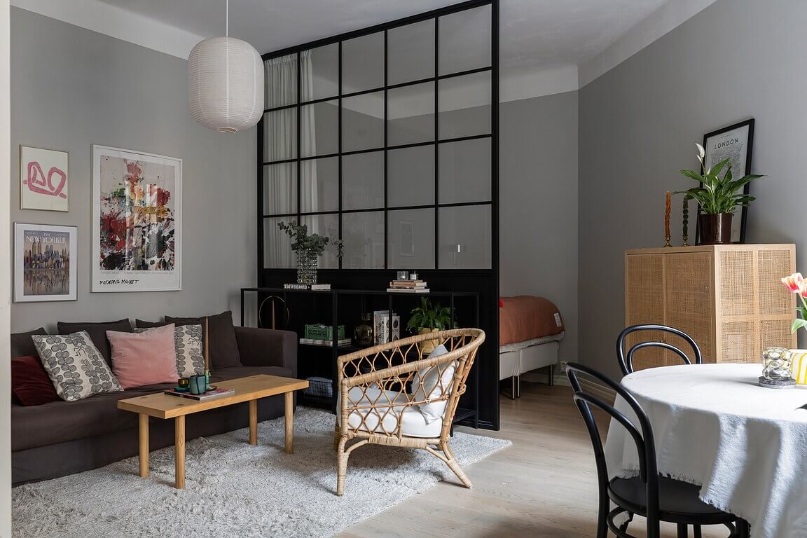 43 Ideas To Divide a Studio Apartment Into Multiple Rooms 20 gray-studio-apartment-industrial-glass-wall-room-divider-nordroom