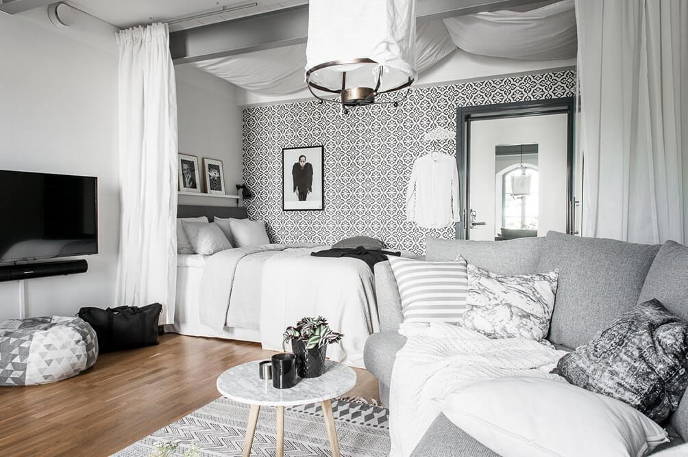 53 Studio Apartments with a Curtain Room Divider 64 gray-white-studio-apartment-curtain-room-divider
