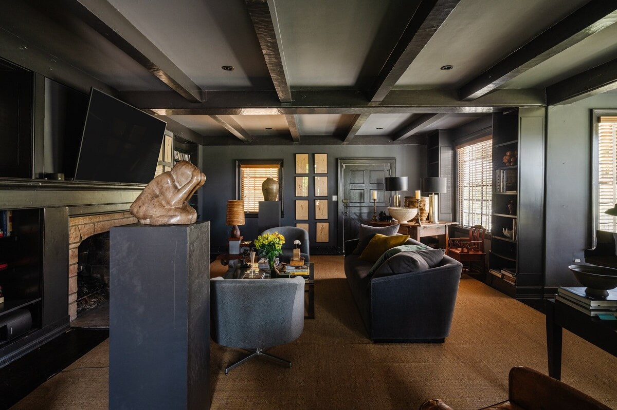 Black Accents in a Traditional Los Angeles Home 46 guest-house-low-ceiling-wooden-beams-moody-color-nordroom