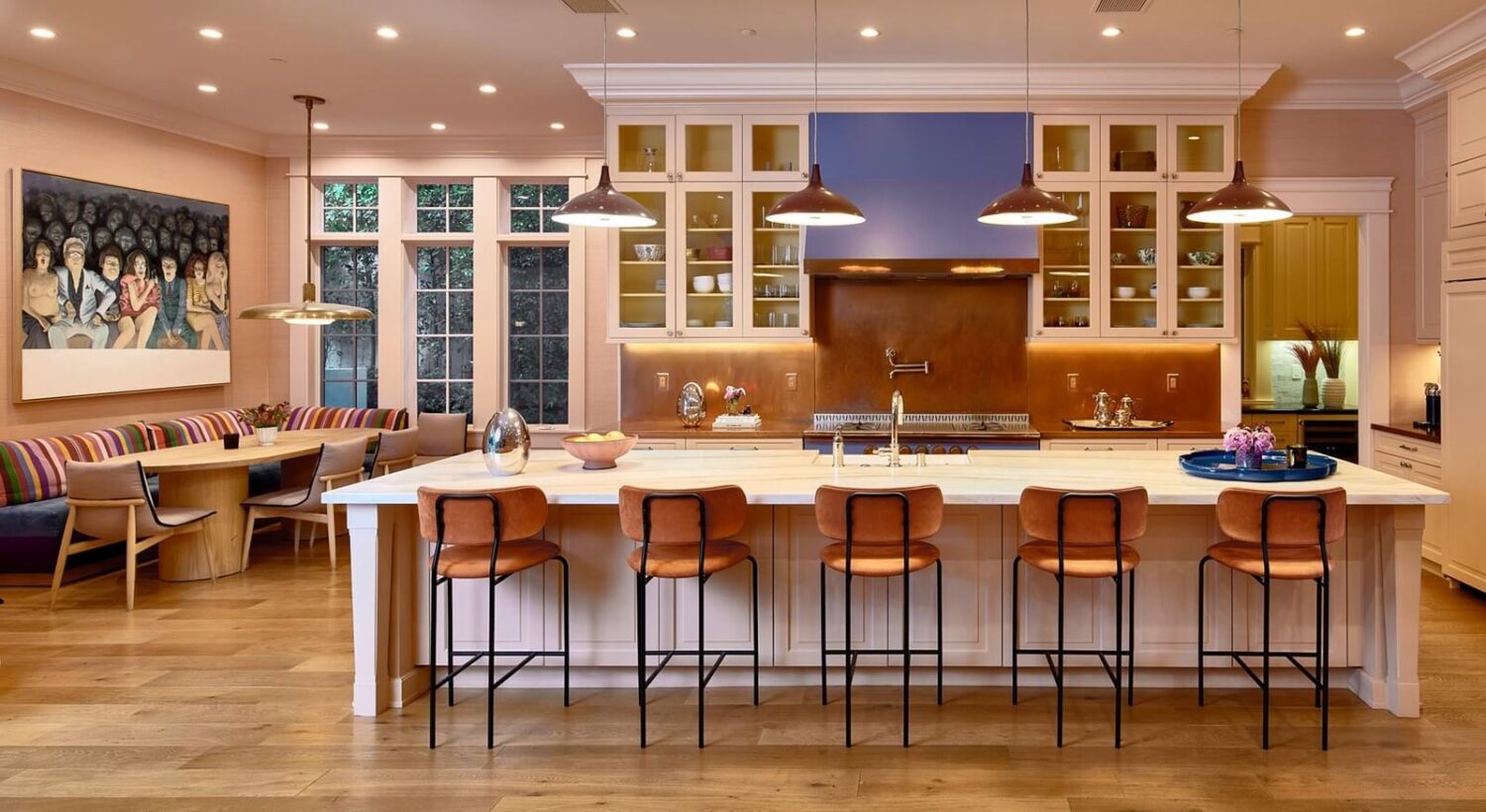 17 Shades of Pink in Fredrik Eklund's Beverly Hills Home 6 kitchen-with-island-breakfast-bar-bench-dining-area-nordroom