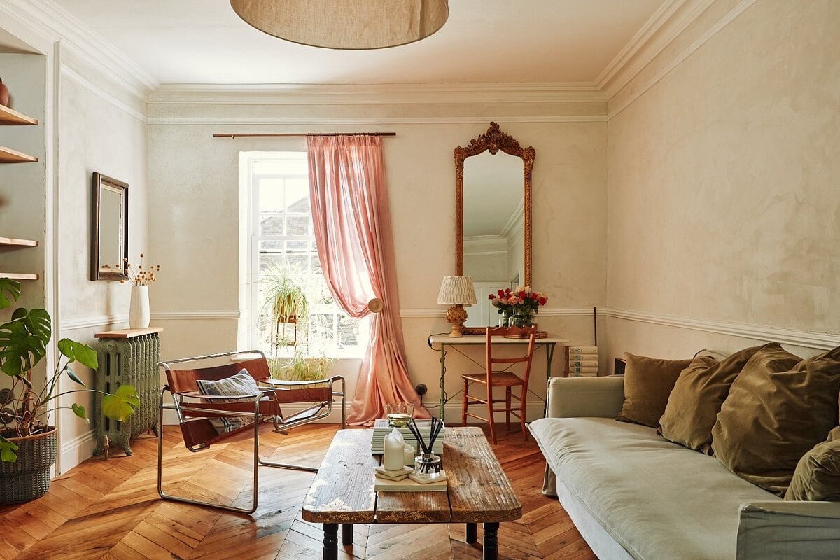 An English Cottage with a Perfect Kitchen 1 living-room-lime-washed-walls-antique-mirror-wooden-floor-nordroom