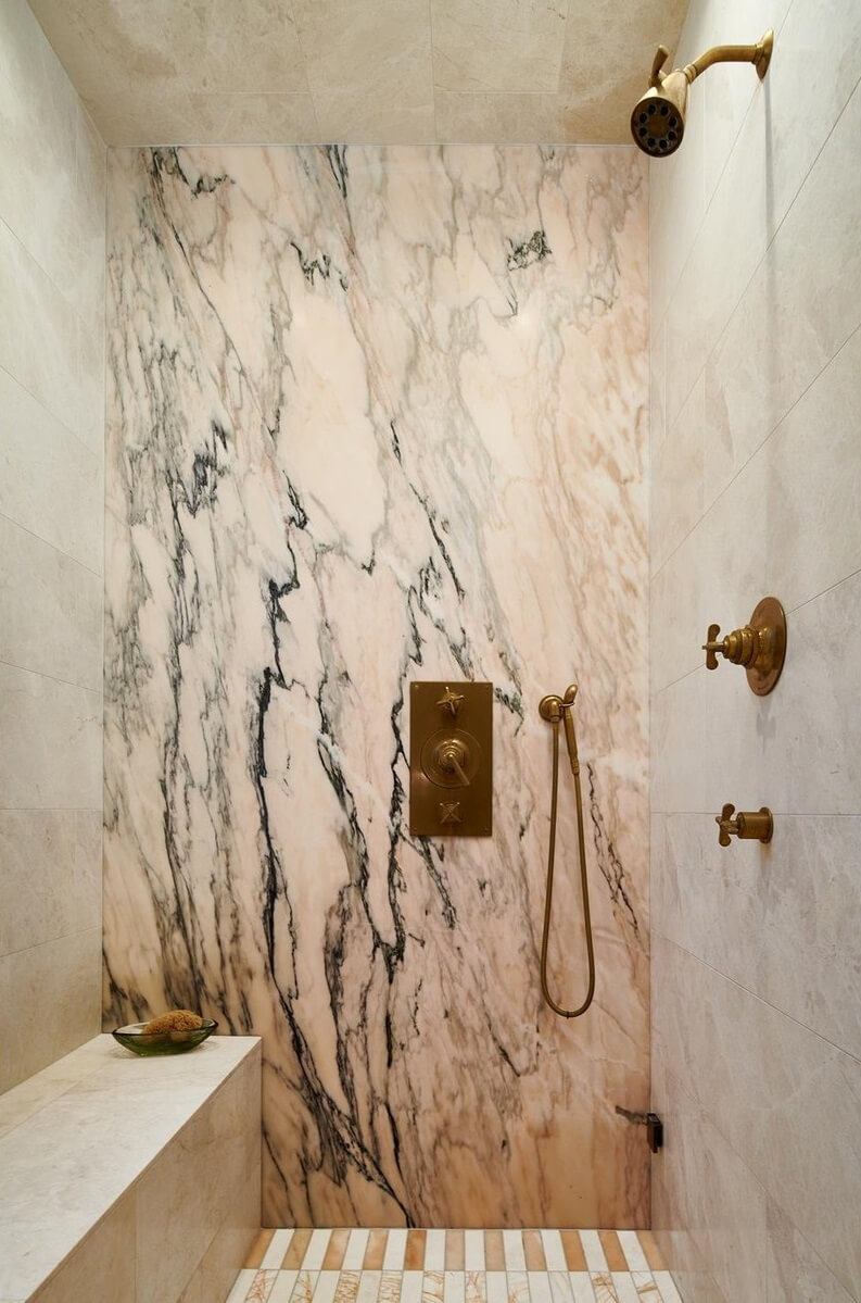 17 Shades of Pink in Fredrik Eklund's Beverly Hills Home 15 marble walk in shower nordroom 17 Shades of Pink in Fredrik Eklund's Beverly Hills Home