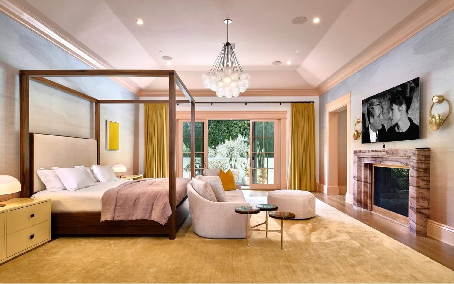 17 Shades of Pink in Fredrik Eklund's Beverly Hills Home 13 master-bedroom-canopy-bed-large-yellow-rug-nordroom