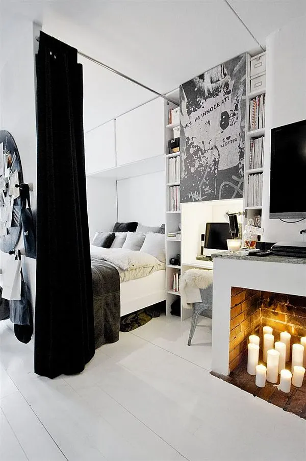 53 Studio Apartments with a Curtain Room Divider 69 monochrome studio apartment black curtains