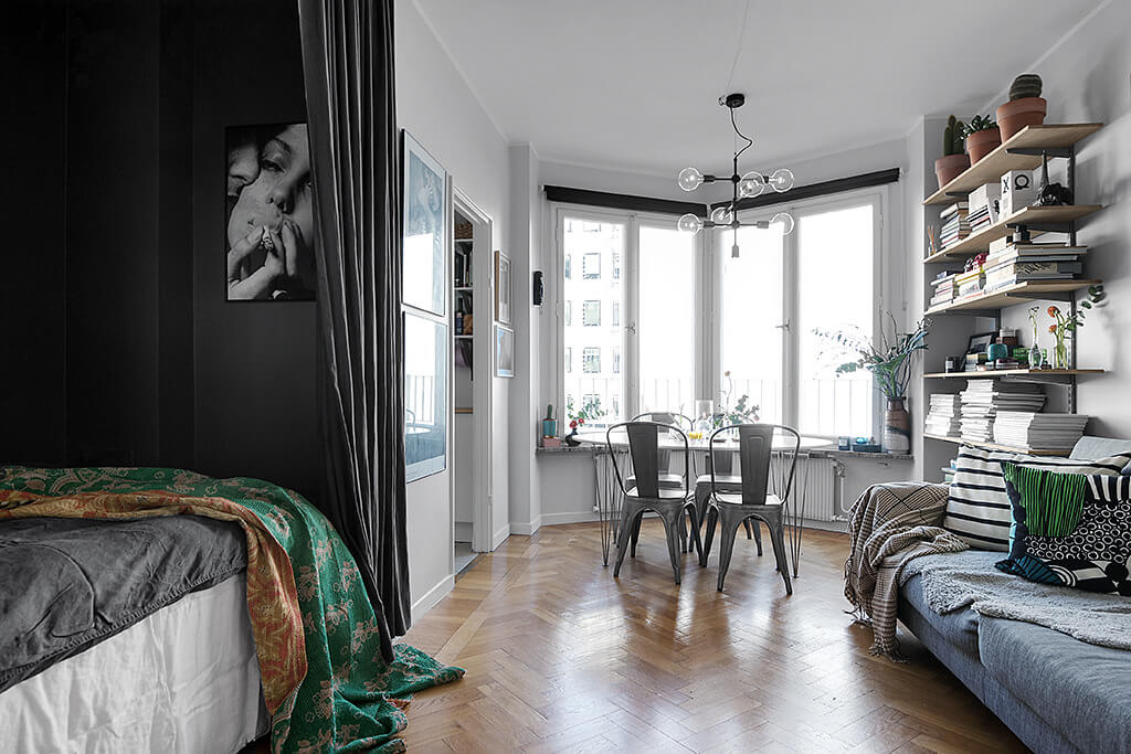 53 Studio Apartments with a Curtain Room Divider 21 moody-dark-gray-bed-nook-studio-nordroom