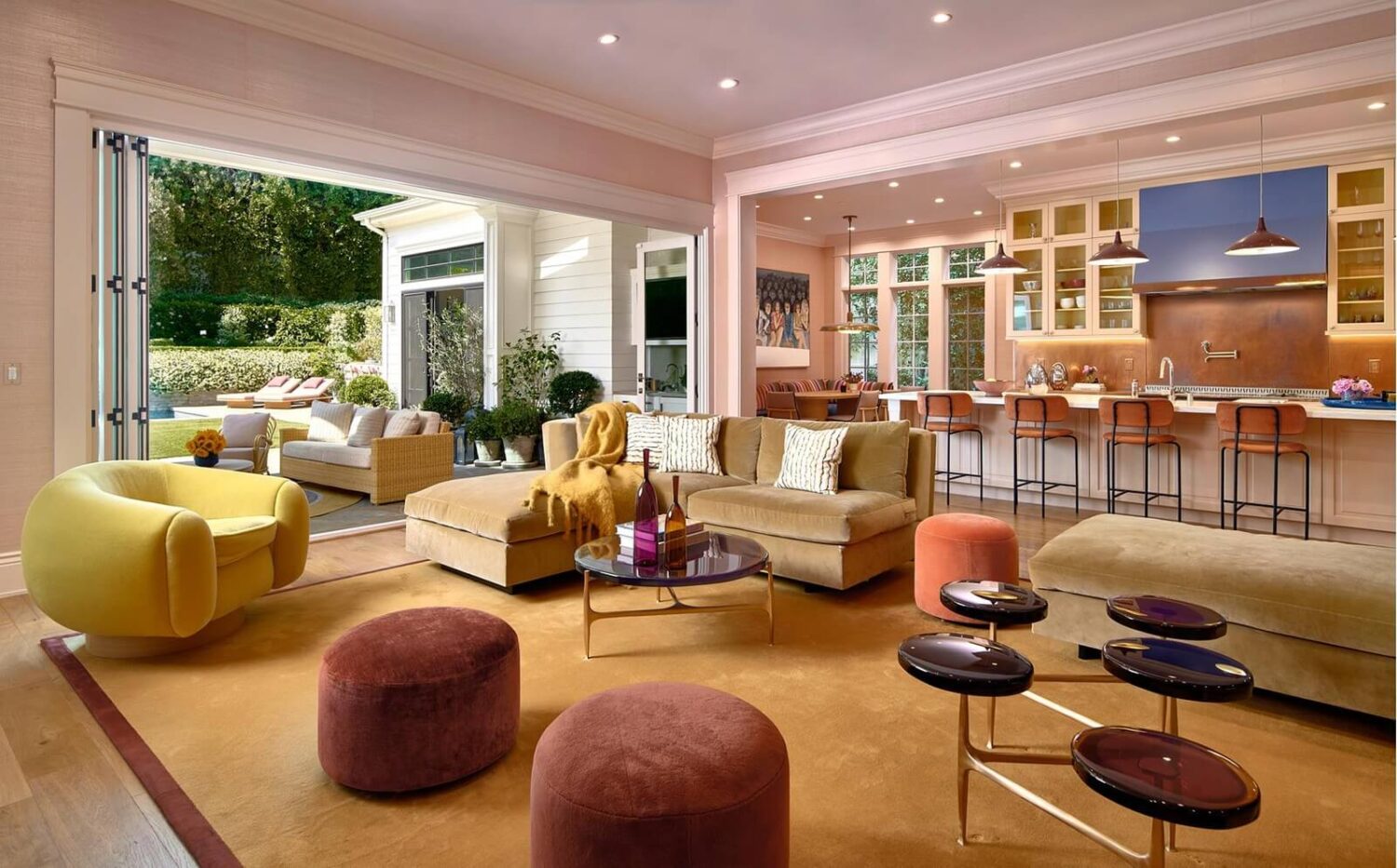 17 Shades of Pink in Fredrik Eklund's Beverly Hills Home 5 open-plan-seating-kitchen-colorful-furniture-nordroom