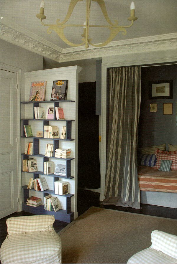 53 Studio Apartments with a Curtain Room Divider 10 paris-studio-apartment-curtain-bookshelves-room-divider-nordroom