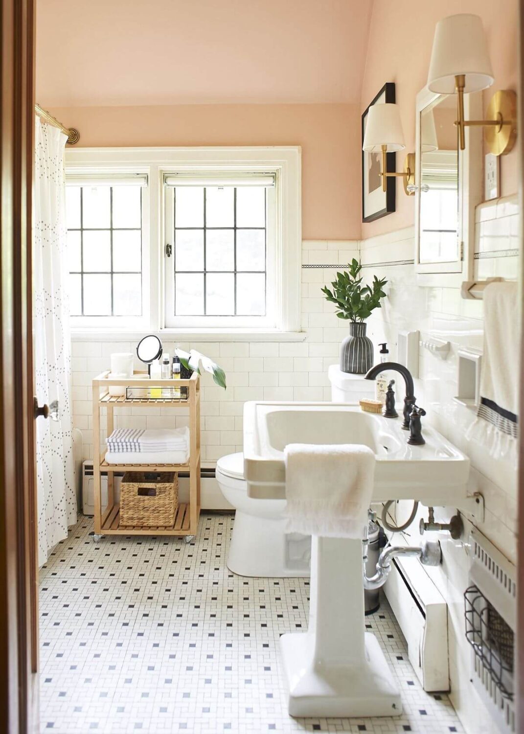 89 Pink Bathroom Ideas: From Hot Pink Walls to Blush Tiles 114 pink-ceiling-classic-black-white-bathroom-nordroom
